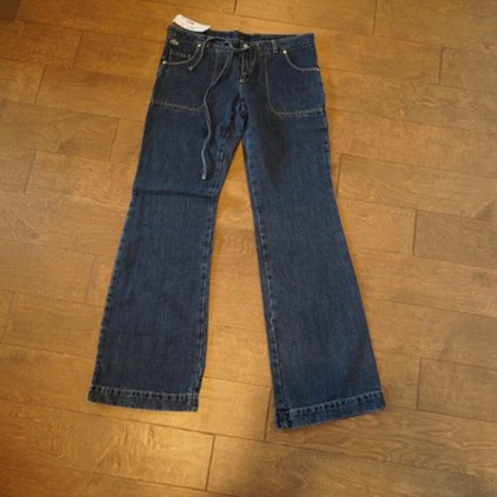 NWT Lacoste Low Rise Tie Cotton/Linen Waist Flare Jeans Blue Womens Size 8